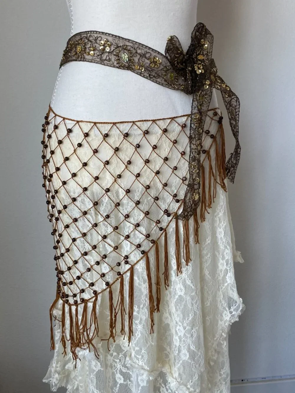 Boho Brown Beaded Hip Scarf & Fringe Belt